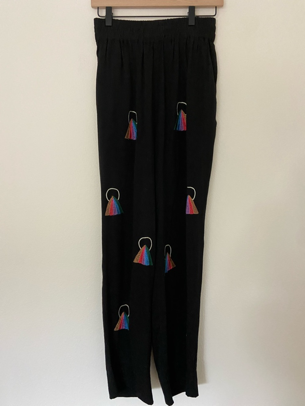 Seek Collective 100% Silk Pants with Rainbow Tassel Embroidery